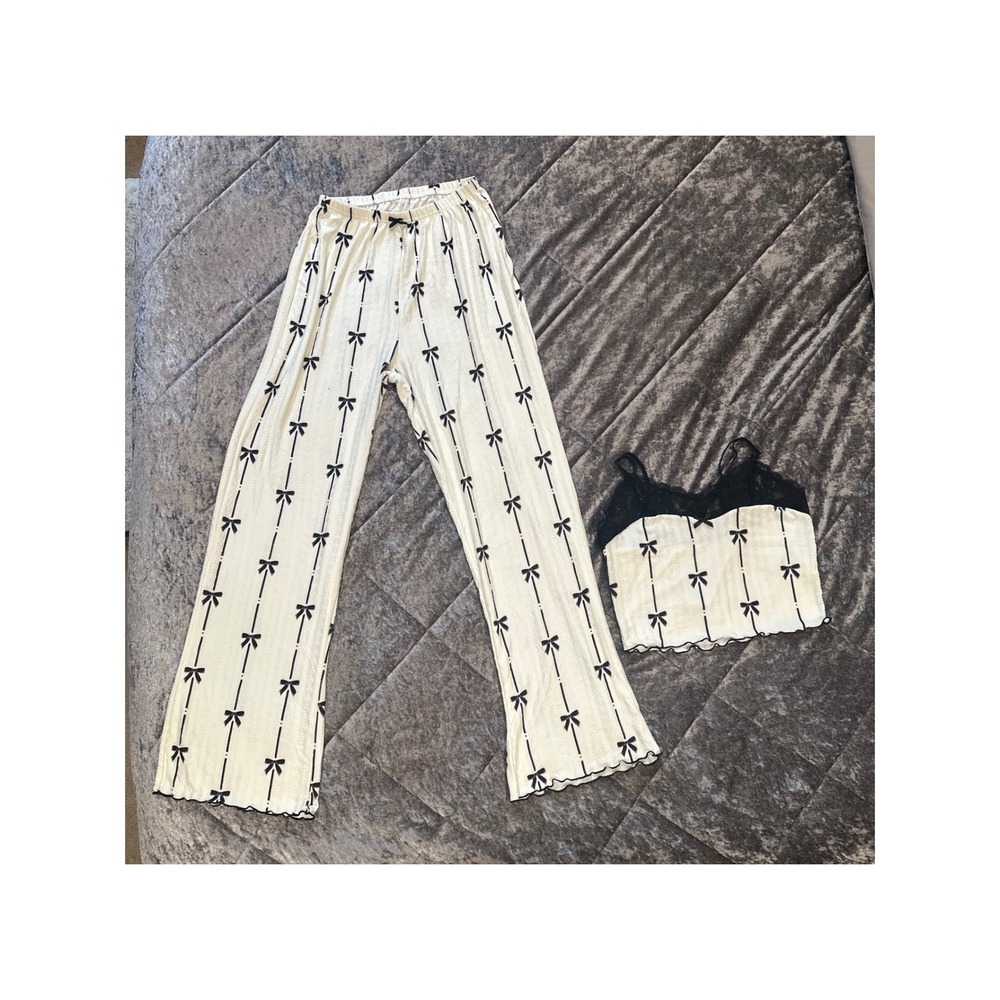 Bow Print Pointelle Pajama Set Women's Size M White/Black EUC